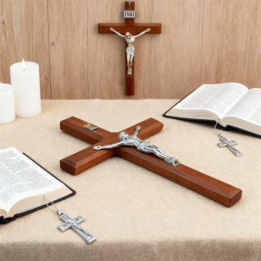 7.8 Inch Wooden Wall Cross Decor Hand Carved Catholic Home Decoration for Table or Wall Hanging Gift for Baptism Birthday